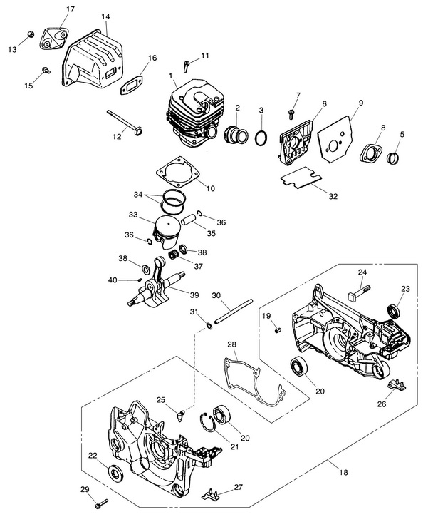 Деталировка на корпус бензопилы WATT WT-2450 (11.024.050.00) Деталировка на бензопилу (картер, поршневая группа) WATT WT-2245 (11.022.045.00)