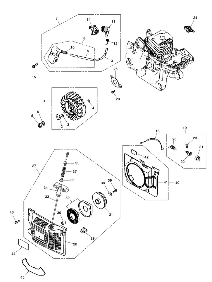 Деталировка на корпус бензопилы WATT WT-2450 (11.024.050.00) Деталировка на бензопилу (стартер, модуль зажигания, маховик) WATT WT-2245 (11.022.045.00)