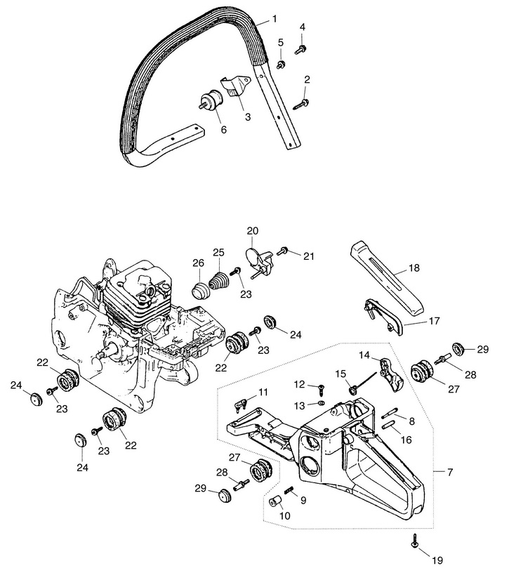 Деталировка на корпус бензопилы WATT WT-2450 (11.024.050.00) Деталировка на бензопилу (ручка, детали корпуса) WATT WT-2245 (11.022.045.00)